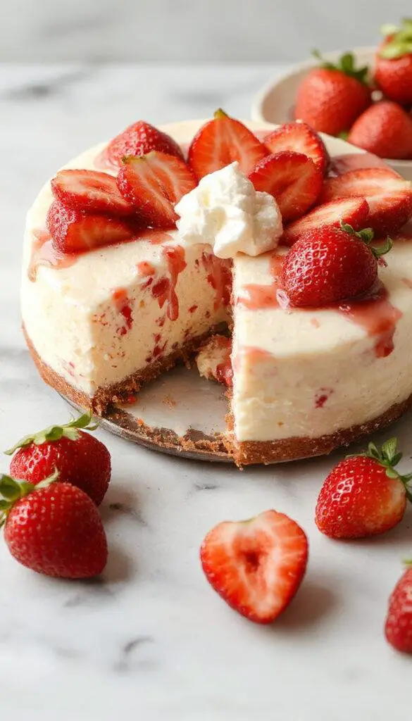 A beautifully plated slice of strawberry cheesecake featuring a golden-brown graham cracker crust, creamy white cheesecake filling topped with vibrant red strawberry slices and a glossy glaze, garnished with fresh mint leaves. The dessert is presented on a white plate with a drizzle of strawberry sauce, set against a soft pastel background with subtle lighting that highlights the textures and colors.