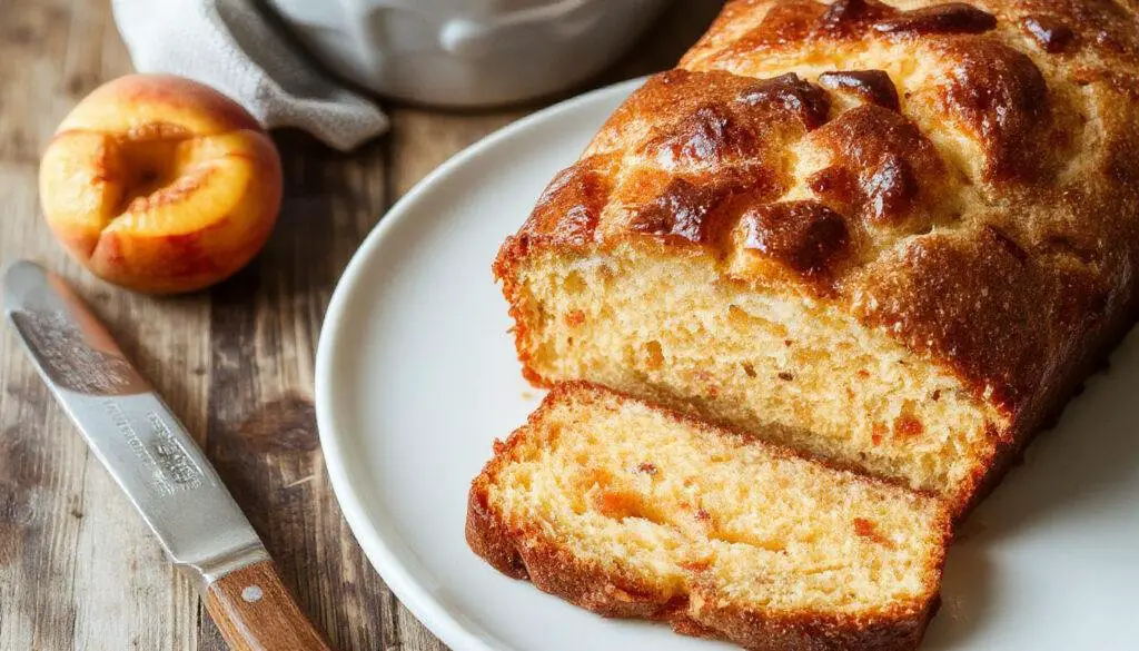 A loaf of moist southern peach bread sliced open to reveal a golden-yellow interior flecked with juicy peach chunks. The crust is lightly browned with a soft, inviting texture, presented on a rustic wooden board with a sprig of fresh peaches and a dusting of powdered sugar for garnish.