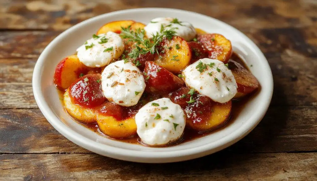 A vibrant plate featuring juicy peach slices, creamy burrata cheese, fresh basil leaves, and ripe cherry tomatoes arranged artfully on a white ceramic dish. The peaches are bright orange and golden, contrasting with the soft, white burrata and green basil, with a drizzle of balsamic glaze adding a glossy finish. The presentation highlights freshness and colorful harmony.