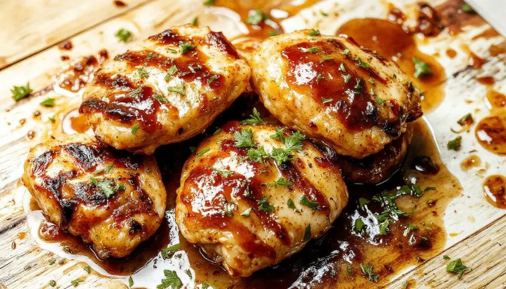 Plates of golden-brown grilled chicken thighs glazed with honey and garlic, garnished with fresh herbs, with visible char marks, and served alongside vibrant roasted vegetables on a rustic wooden table.