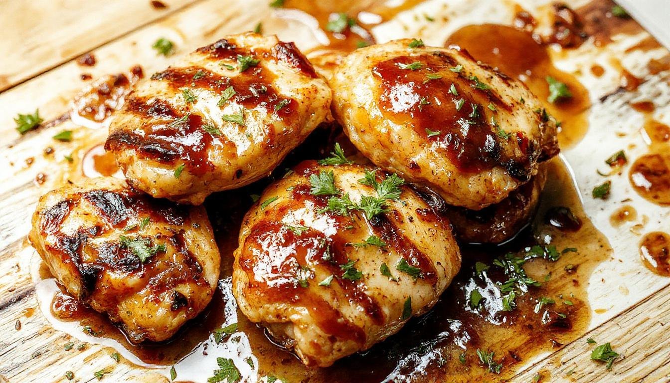 Plates of golden-brown grilled chicken thighs glazed with honey and garlic, garnished with fresh herbs, with visible char marks, and served alongside vibrant roasted vegetables on a rustic wooden table.