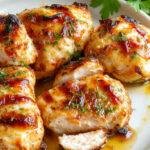 Juicy grilled chicken breasts topped with vibrant tropical citrus marinade, garnished with fresh herbs on a summer outdoor grill setup.