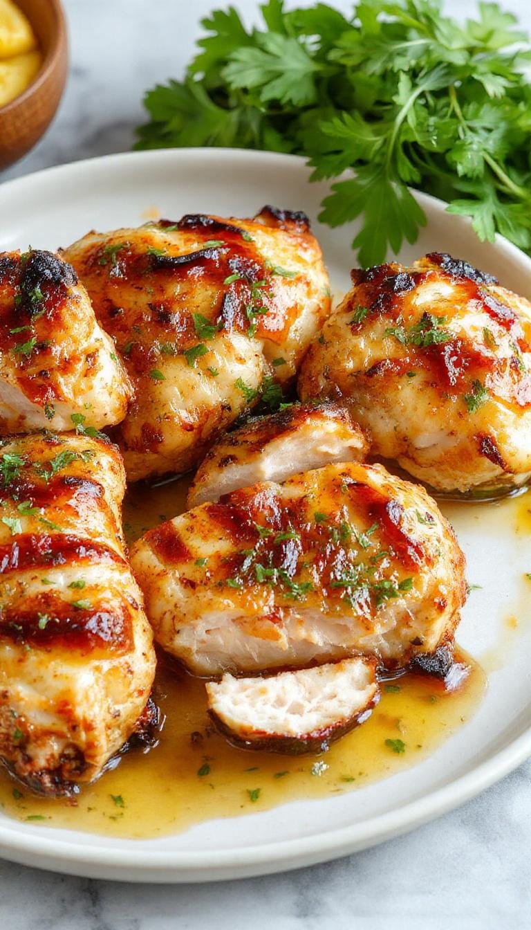 Juicy grilled chicken breasts topped with vibrant tropical citrus marinade, garnished with fresh herbs on a summer outdoor grill setup.