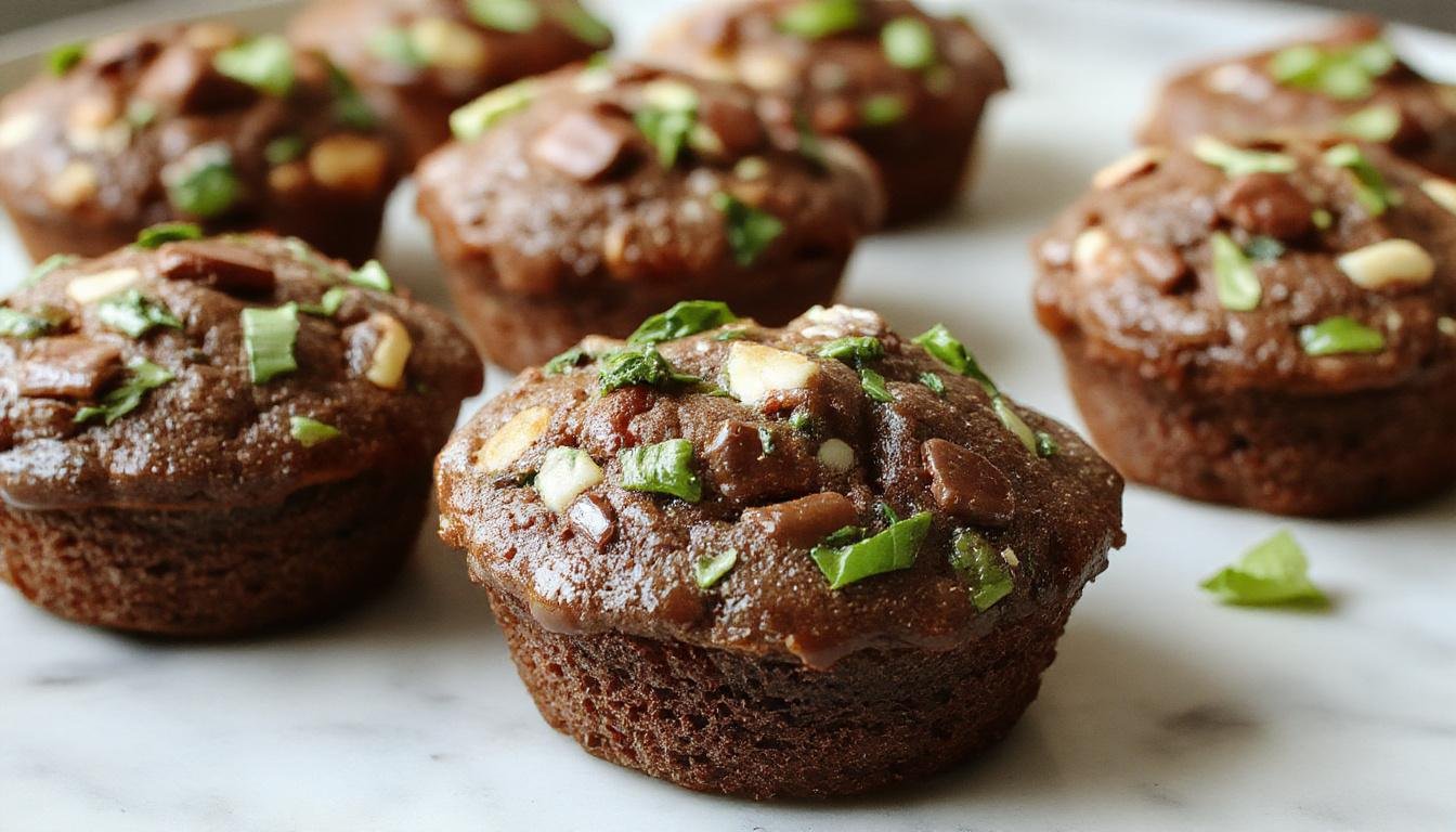 A close-up of a dozen moist chocolate muffins with a slightly cracked top, nestled in colorful paper liners on a rustic wooden tray. Some muffins reveal a hint of green from the hidden spinach, with a few broken open showing their soft interior. The background features fresh spinach leaves and cocoa powder, enhancing the wholesome and indulgent appeal.