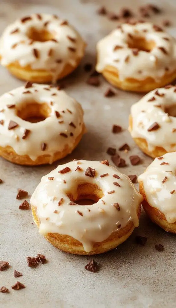 Golden-brown Korean Milk Cream Donuts arranged elegantly on a white plate, showcasing their soft, fluffy texture and glossy exterior. The donuts are topped with a subtle dusting of powdered sugar and garnished with delicate sprigs of fresh mint, creating an inviting and visually appealing presentation.