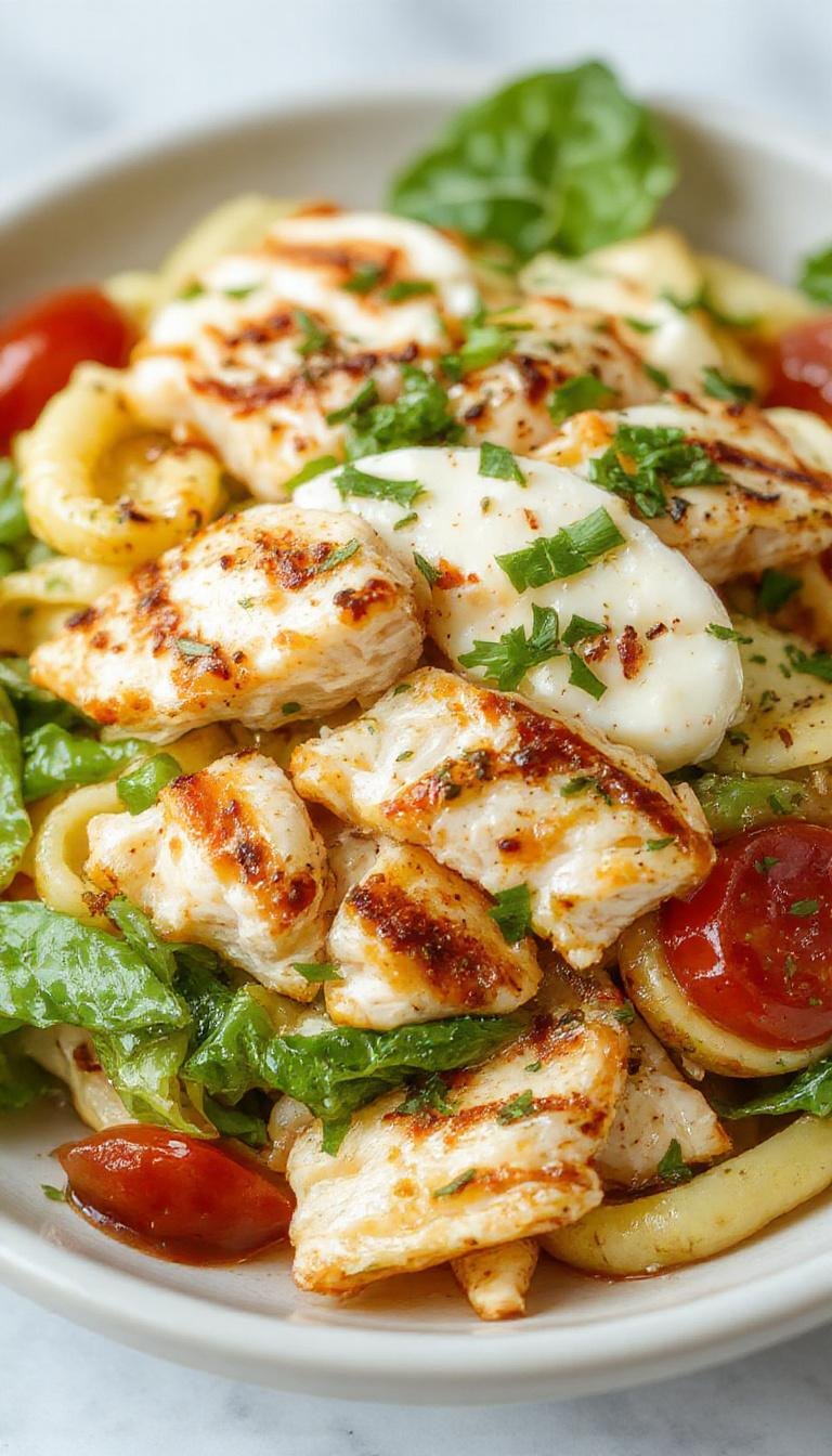 A vibrant layered grilled chicken caprese pasta salad with colorful cherry tomatoes, fresh basil, mozzarella, and grilled chicken slices arranged in a clear glass bowl.