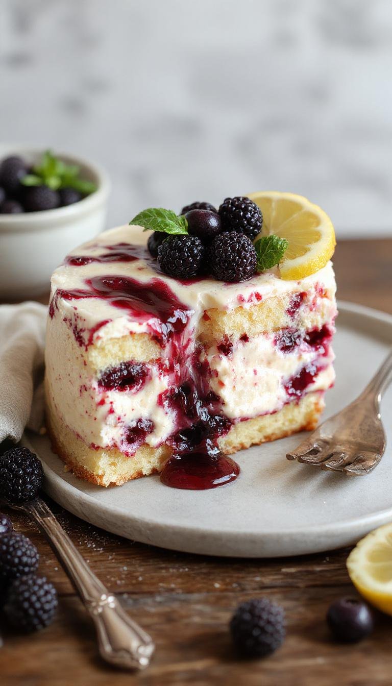 A slice of Lemon Blueberry Shortbread Mousse Cake showcasing layers of yellow lemon mousse, vibrant blueberries, and golden shortbread crust garnished with fresh berries and lemon zest.