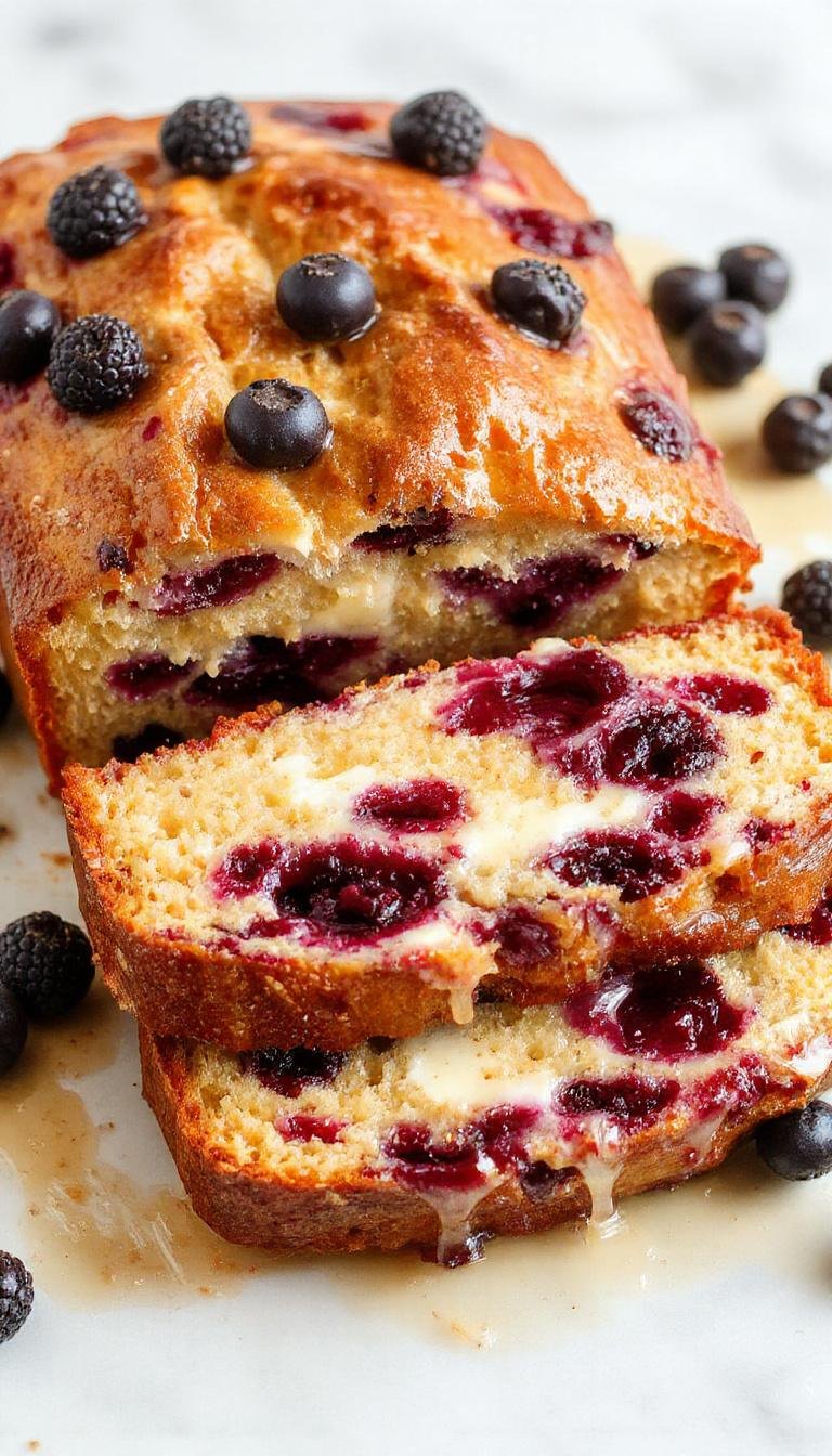 A fresh Lemon Blueberry Yogurt Loaf sliced on a cake stand, revealing its moist interior dotted with blueberries and a bright lemon glaze on top.