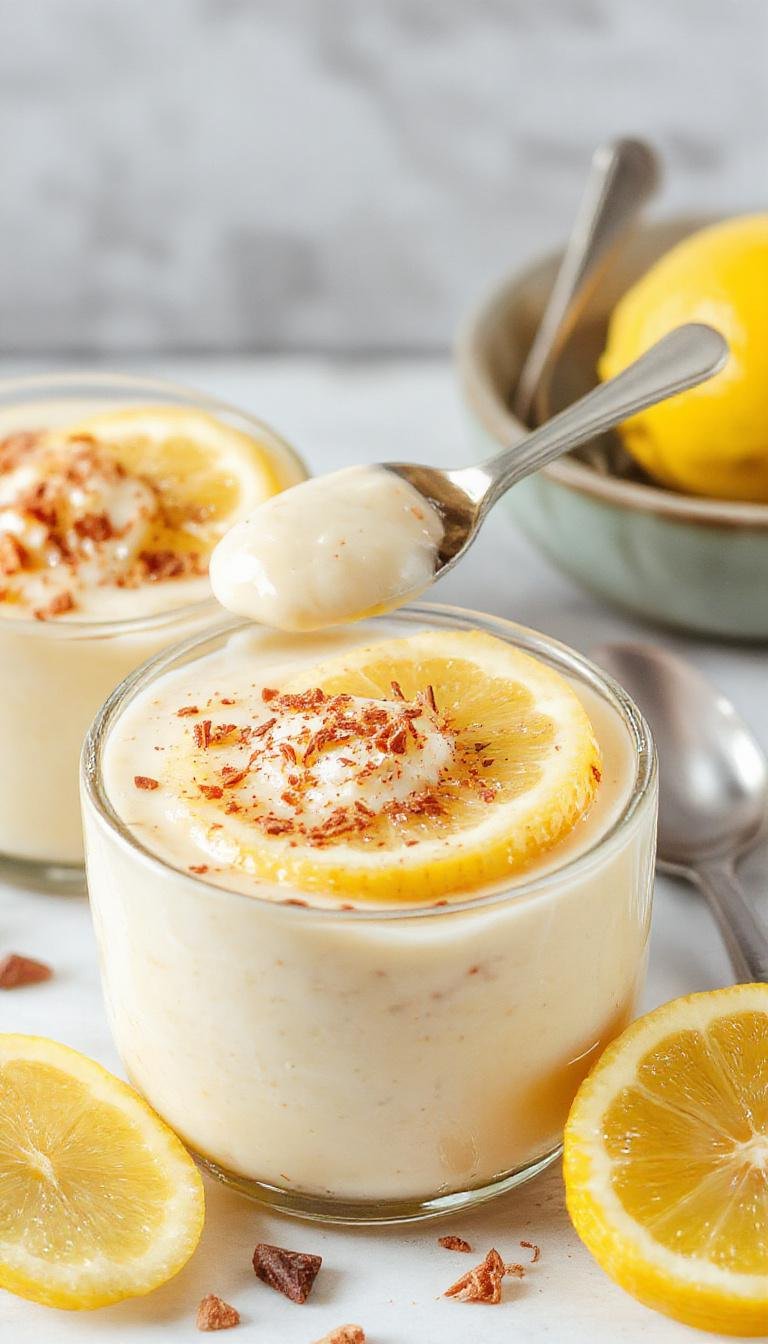 A close-up of a glass jar filled with lemon-colored chia pudding topped with a swirl of whipped cream and garnished with fresh lemon slices and mint leaves. The pudding has a creamy, textured appearance with visible chia seeds, presented on a rustic wooden surface alongside a lemon wedge and a small spoon.