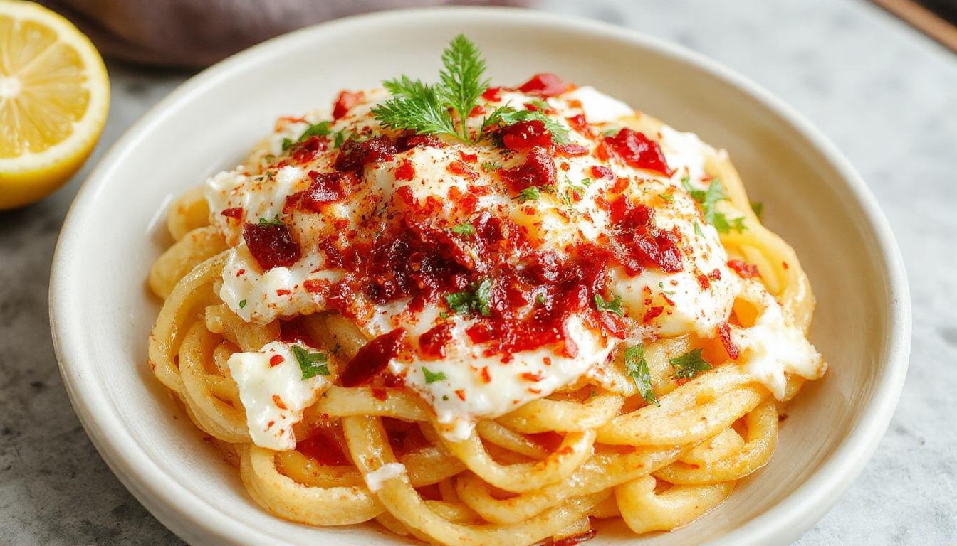 A close-up of a white ceramic plate holding a serving of creamy lemon ricotta pasta. The pasta is coated in a luscious, pale yellow sauce with specks of black pepper and garnished with fresh, bright green basil leaves. The dish is elegantly styled on a rustic wooden surface with a lemon wedge and a sprinkle of grated cheese nearby. The smooth, velvety texture of the pasta and the vibrant colors create an inviting and appetizing presentation.