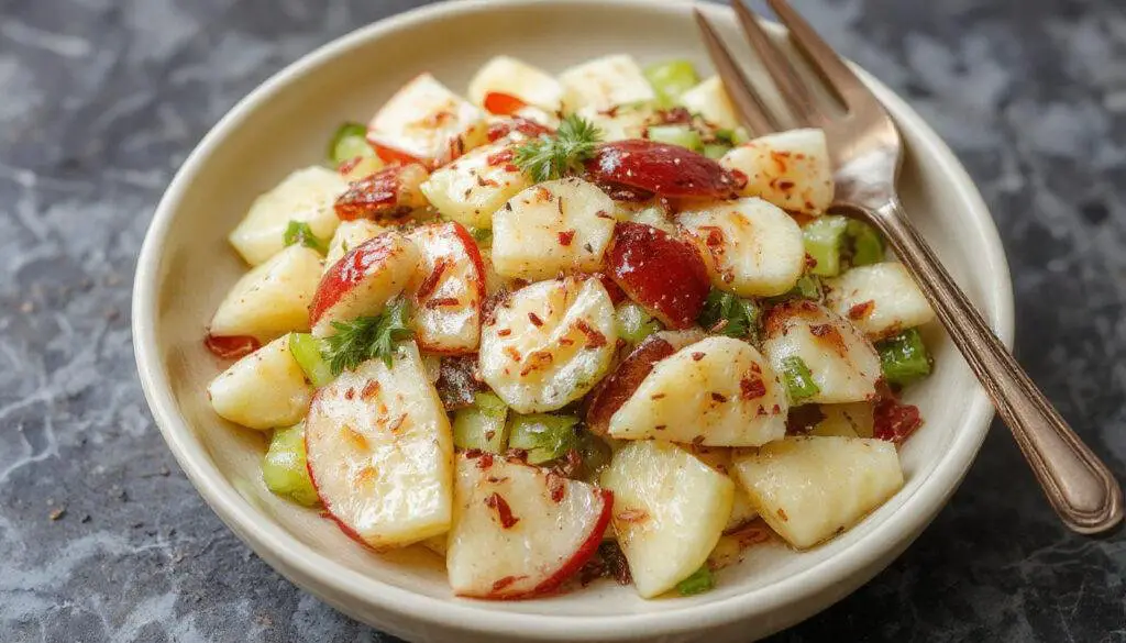 A vibrant bowl of a light and crisp salad featuring thinly sliced cucumber, celery sticks, and crisp apple slices arranged artfully. The salad is garnished with a sprinkle of fresh herbs on a neutral-colored plate, highlighting its fresh, colorful ingredients and appealing textures.