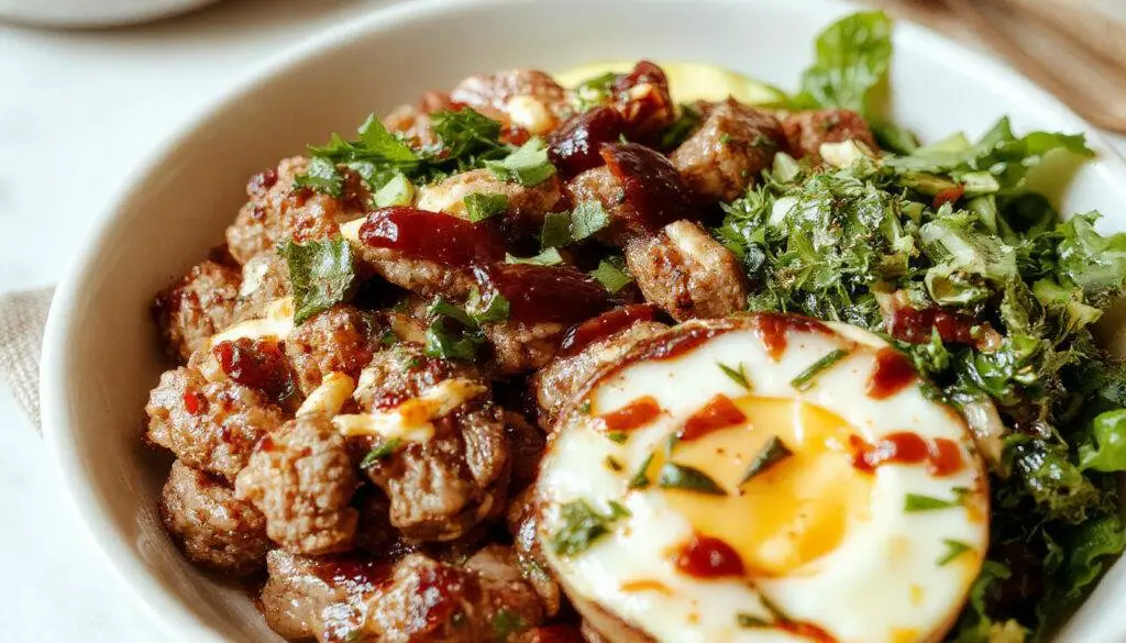 A vibrant bowl filled with lean ground turkey, fresh lettuce, cherry tomatoes, sliced red onions, and a drizzle of light sauce. The ingredients are neatly arranged, showcasing colorful layers and textures, with a sprinkle of herbs on top for garnish.