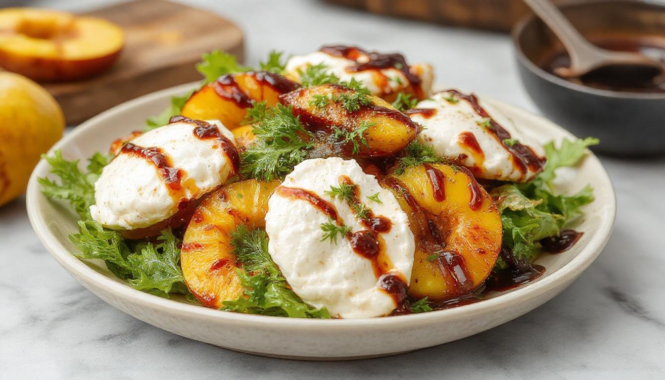 A vibrant peach and burrata salad arranged on a white plate, featuring slices of juicy peaches, creamy burrata cheese, and microgreens drizzled with a glossy balsamic glaze, with a sprinkle of fresh herbs around the edges.