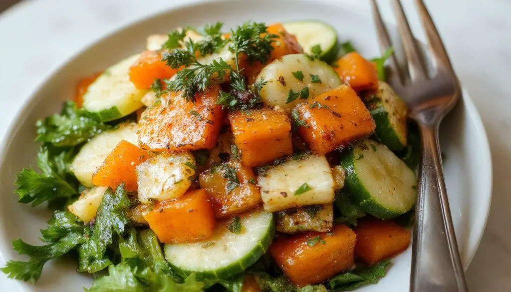 A vibrant plate of carrot and cucumber salad featuring julienned carrots and sliced cucumbers arranged neatly on a white ceramic dish, garnished with fresh herbs and a light drizzle of dressing, showcasing bright orange and green colors with a crisp texture.