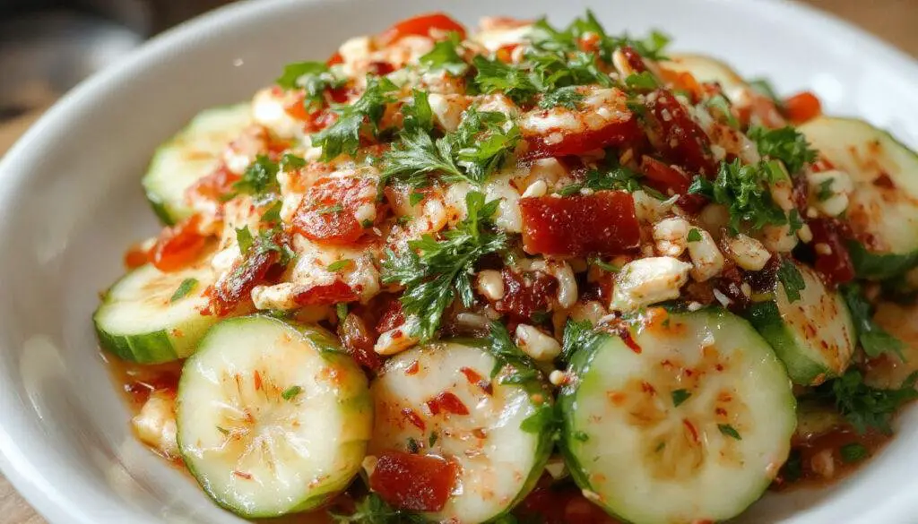 A vibrant Thai cucumber salad served in a clear glass bowl. Thinly sliced cucumbers mixed with bright red chili flakes, chopped cilantro, and slivers of red onion. The dish is garnished with lime wedges and fresh herbs, showcasing a colorful, fresh, and appealing presentation with a glossy dressing coating the vegetables.