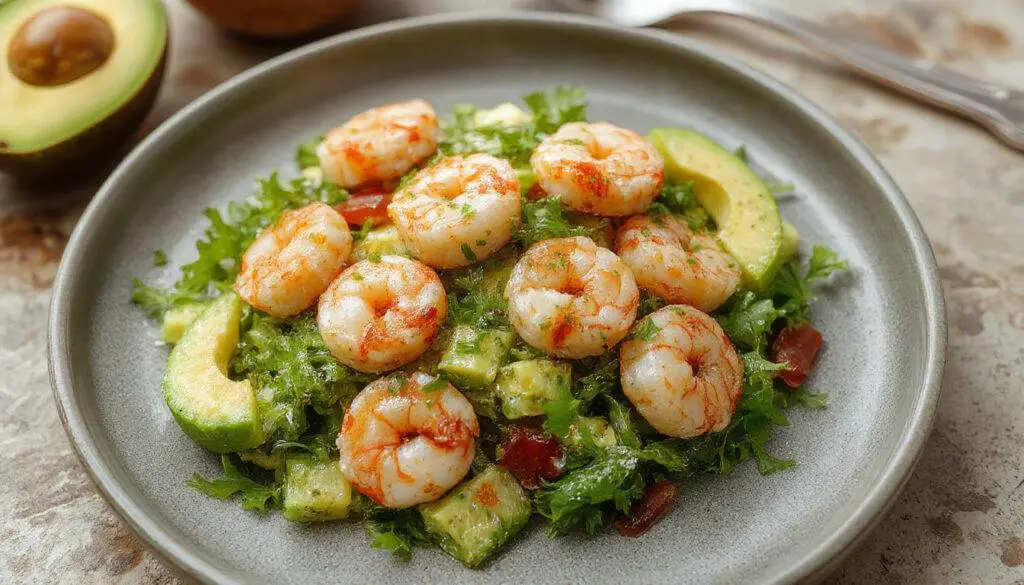 A vibrant bowl of Cilantro Lime Shrimp Salad featuring plump pink shrimp, diced creamy avocado, fresh cilantro leaves, and bright lime wedges all arranged in a white ceramic bowl. The salad has a colorful mix of green, pink, and pale yellow hues, with a light dressing glistening on the ingredients. Fresh herbs and lime slices garnish the top, creating an inviting and fresh presentation.