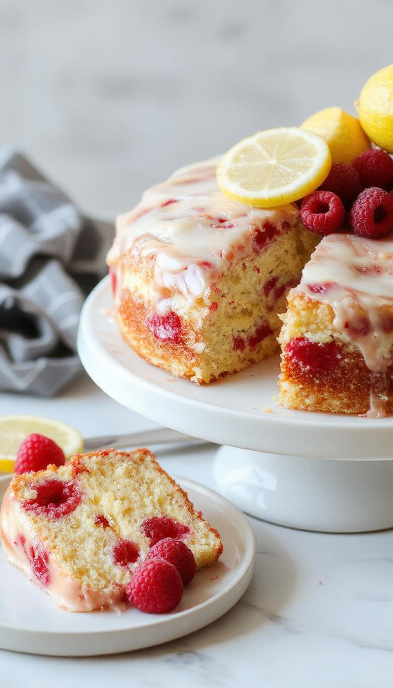 A sliced Luscious Lemon Raspberry Cake showcasing vibrant raspberry layers and lemon-flavored frosting topped with fresh berries and lemon slices