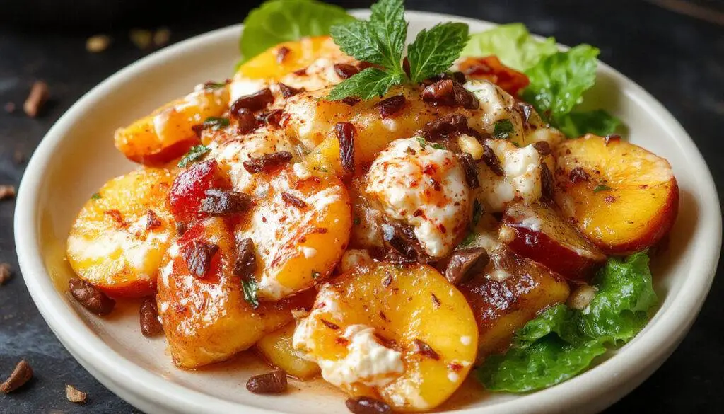 A vibrant peach salad featuring sliced ripe peaches topped with dollops of smooth cream cheese, garnished with mint leaves on a white ceramic plate. The presentation is elegant, with a light drizzle of honey and a few crushed nuts sprinkled on top, highlighting the freshness and richness of the ingredients.