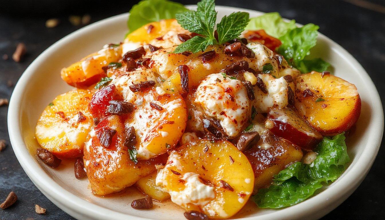 A vibrant peach salad featuring sliced ripe peaches topped with dollops of smooth cream cheese, garnished with mint leaves on a white ceramic plate. The presentation is elegant, with a light drizzle of honey and a few crushed nuts sprinkled on top, highlighting the freshness and richness of the ingredients.