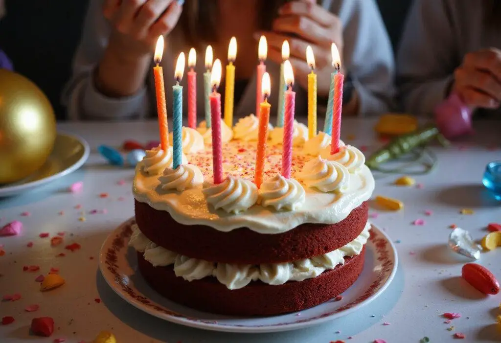 Stunning Magical Happee Birthdae Red Velvet Cake decorated for a celebration, featuring cream cheese frosting and colorful candles.