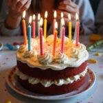 Stunning Magical Happee Birthdae Red Velvet Cake decorated for a celebration, featuring cream cheese frosting and colorful candles.