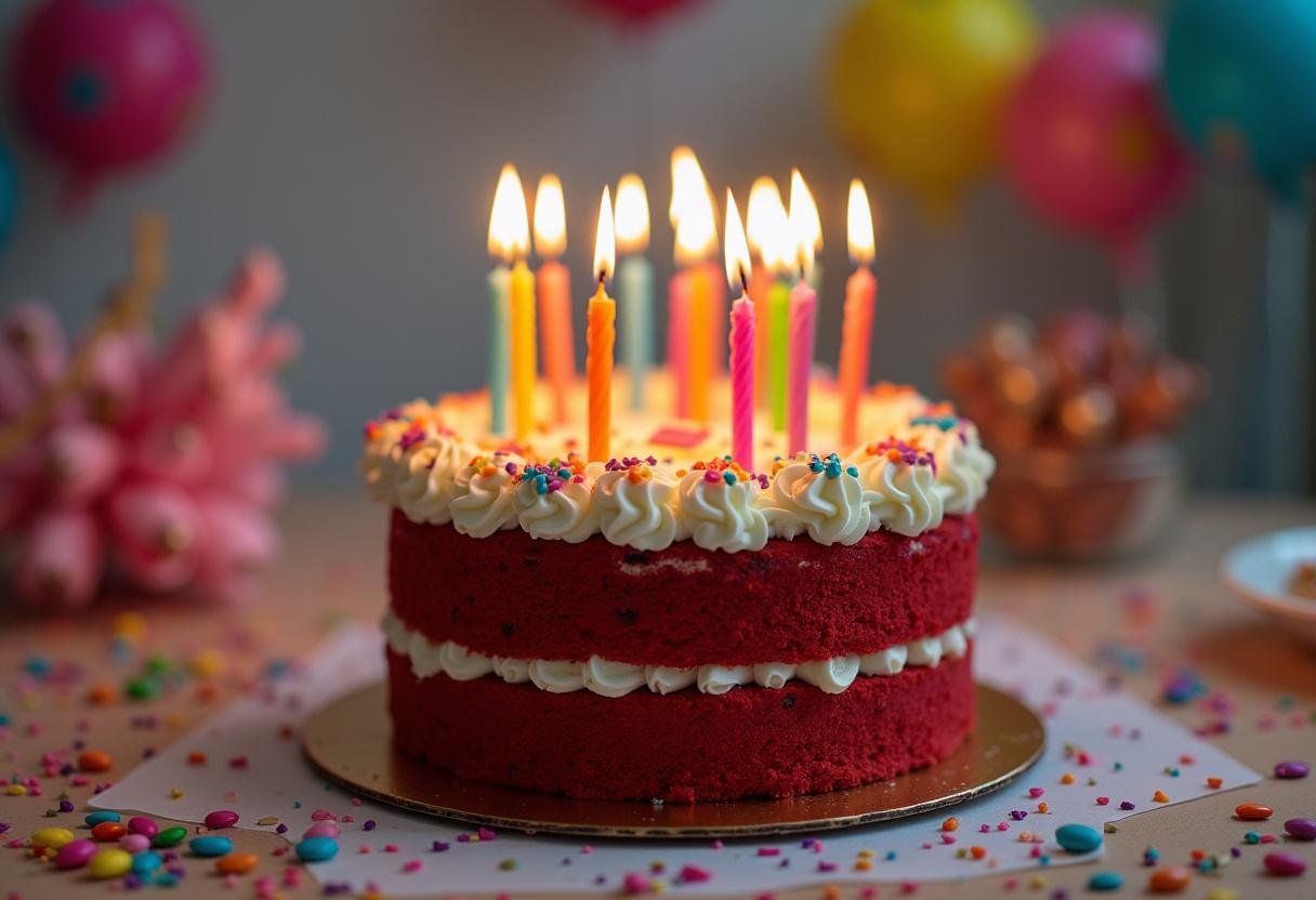 Stunning Magical Happee Birthdae Red Velvet Cake decorated for a celebration, featuring cream cheese frosting and colorful candles.