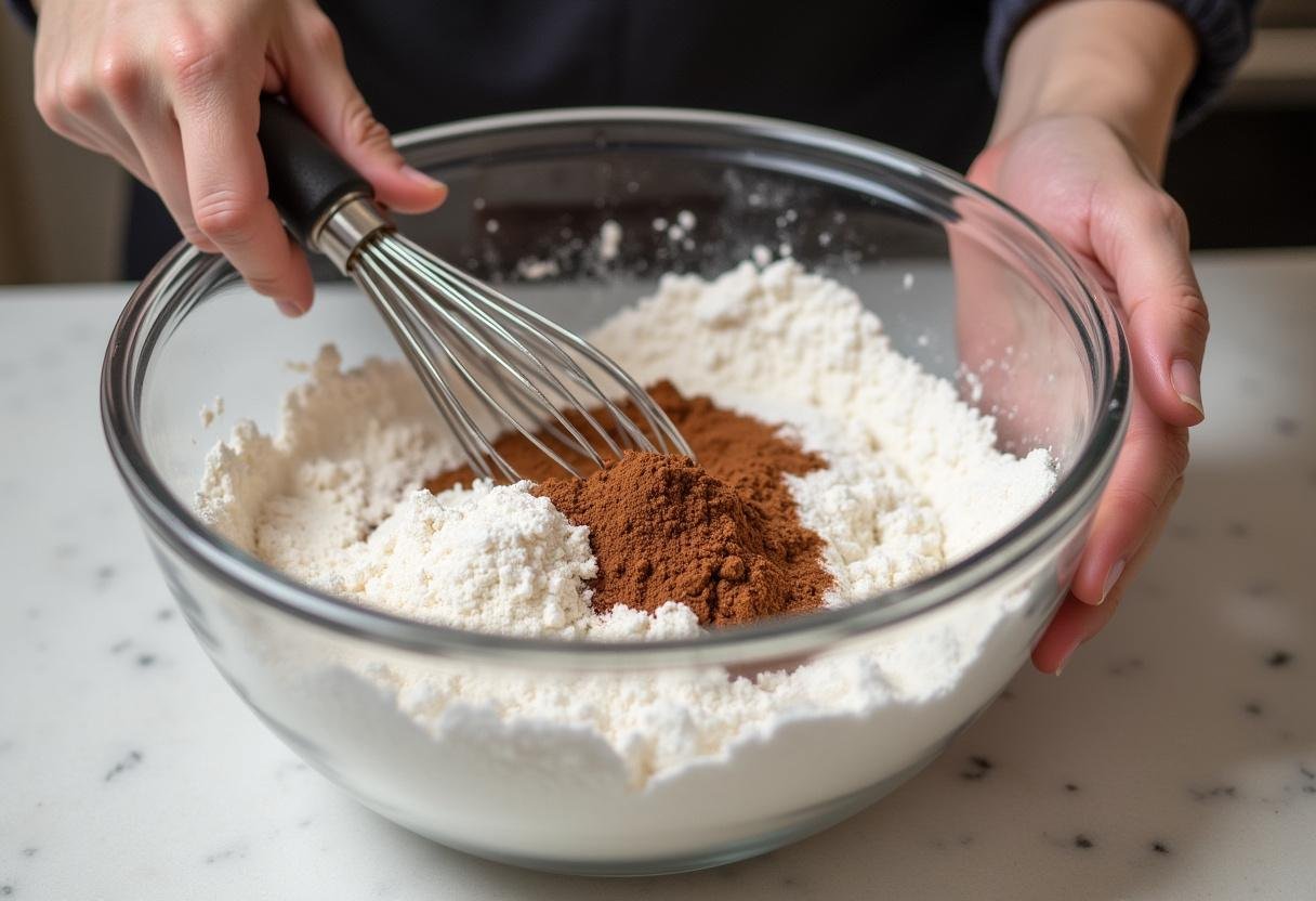 Mixing dry ingredients for Magical Happee Birthdae Red Velvet Cake with flour, sugar, cocoa powder, and baking soda.