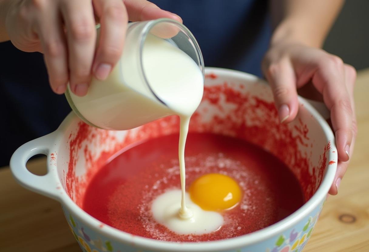 Combining wet ingredients with dry mix to create a rich, red batter for Magical Happee Birthdae Red Velvet Cake.
