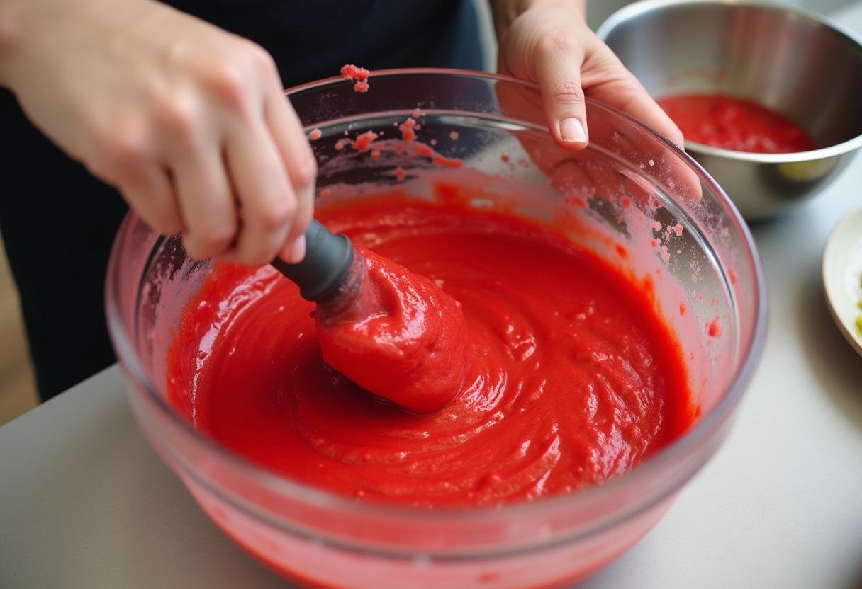 Folding red food coloring into the batter for the perfect shade for Magical Happee Birthdae Red Velvet Cake.