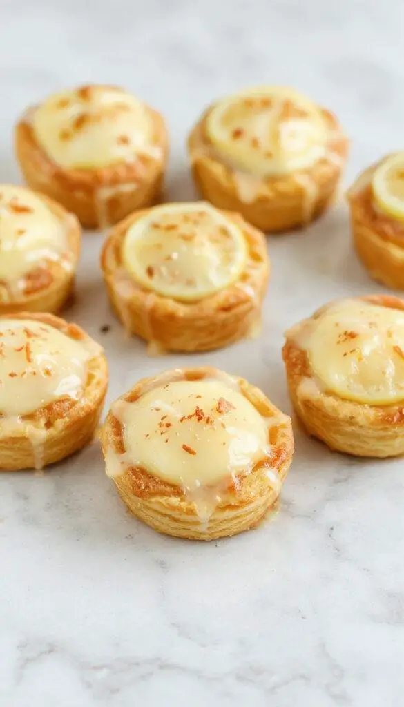 A close-up of a magical mini lemon impossible pie on a decorative plate, showcasing its golden crust and vibrant lemon filling topped with mint leaves.