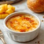 A elegant ramekin of Mango Cardamom Crème Brûlée with caramelized sugar topping and fresh mango slices garnished with cardamom pods