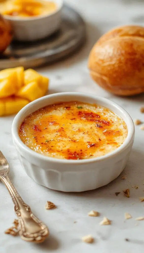 A elegant ramekin of Mango Cardamom Crème Brûlée with caramelized sugar topping and fresh mango slices garnished with cardamom pods