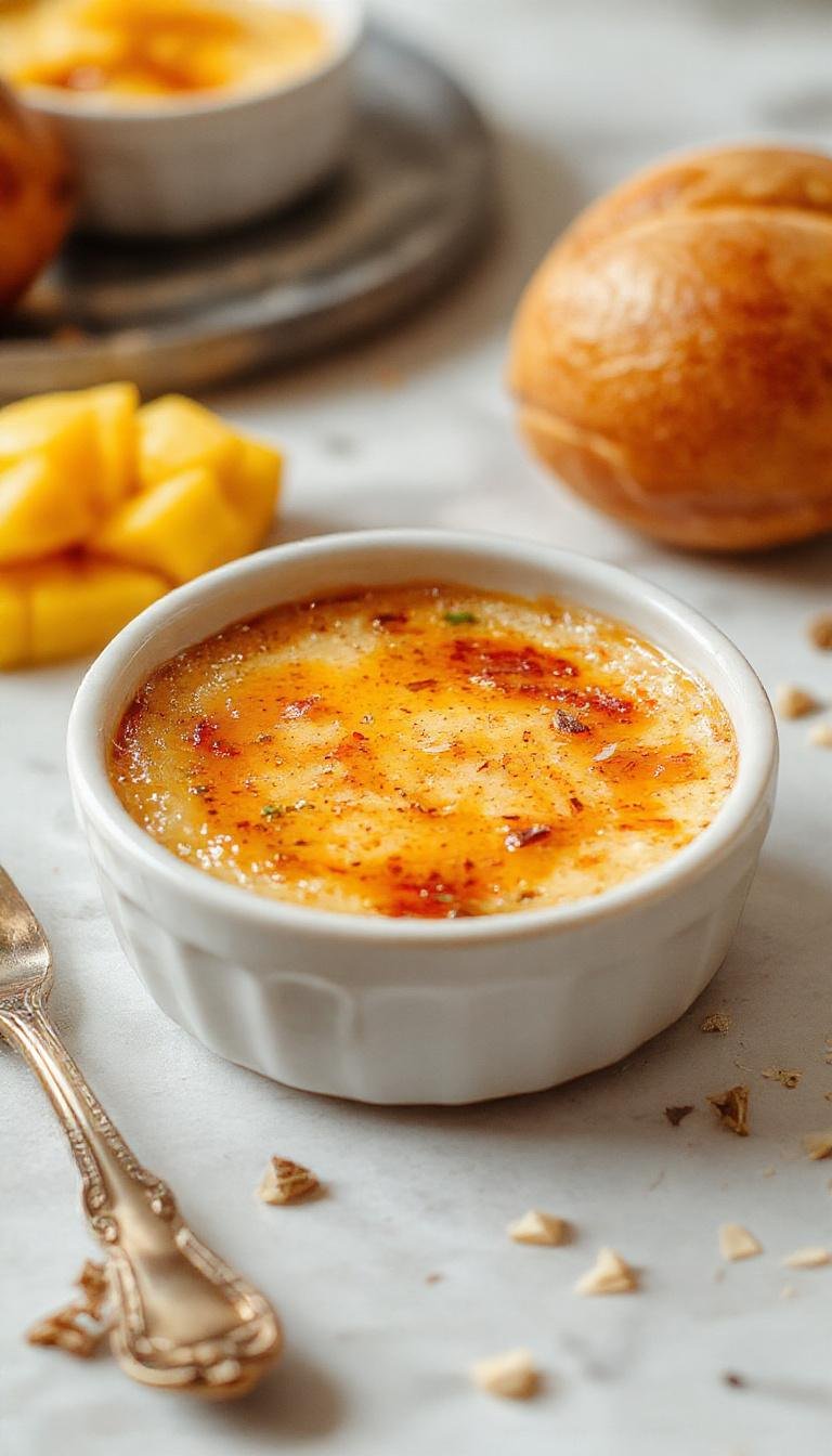 A elegant ramekin of Mango Cardamom Crème Brûlée with caramelized sugar topping and fresh mango slices garnished with cardamom pods