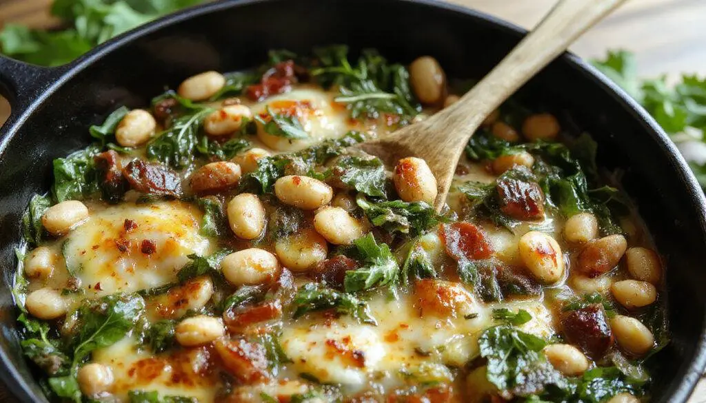 A close-up of a vibrant skillet filled with creamy white beans nestled among fresh, bright green spinach leaves. The dish is garnished with a sprinkle of herbs, showcasing a warm, inviting presentation with textures of soft beans and tender spinach contrasting against the rustic skillet.
