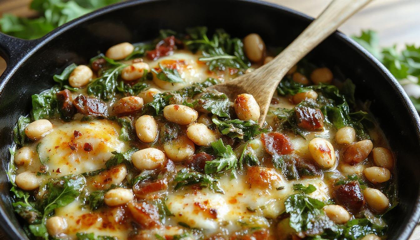 A close-up of a vibrant skillet filled with creamy white beans nestled among fresh, bright green spinach leaves. The dish is garnished with a sprinkle of herbs, showcasing a warm, inviting presentation with textures of soft beans and tender spinach contrasting against the rustic skillet.