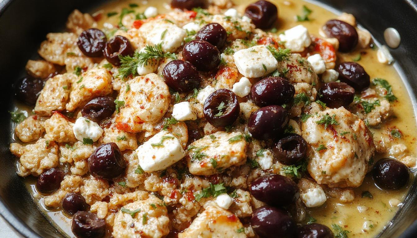 A close-up of a skillet filled with browned ground chicken seasoned with herbs, topped with green and black olives, crumbled feta cheese, and fresh herbs. The dish has a vibrant, colorful appearance with golden brown chicken contrasting with the green olives and white feta, garnished with chopped parsley.