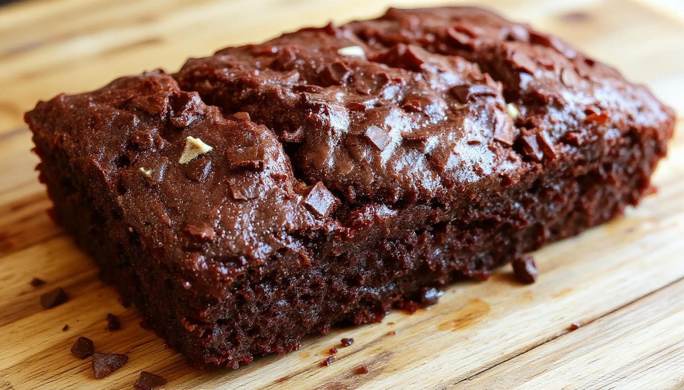 A slices of moist chocolate zucchini cake on a white plate, topped with a dusting of powdered sugar and a drizzle of chocolate sauce, with grated zucchini and chocolate shavings visible on top, set against a rustic wooden background