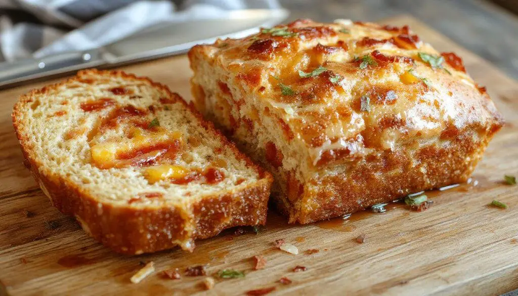 A golden-brown slice of Peach Breakfast Bread with visible chunks of ripe peaches and a moist crumb, served on a rustic plate with a scattering of fresh peach slices and a drizzle of honey, set against a soft, neutral background.