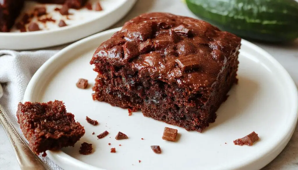 A decadent slice of healthy chocolate zucchini cake with a rich, fudgy texture topped with a sprinkle of cocoa powder and thin zucchini slices visible in the moist crumb, presented on a rustic white plate with a fork beside it.