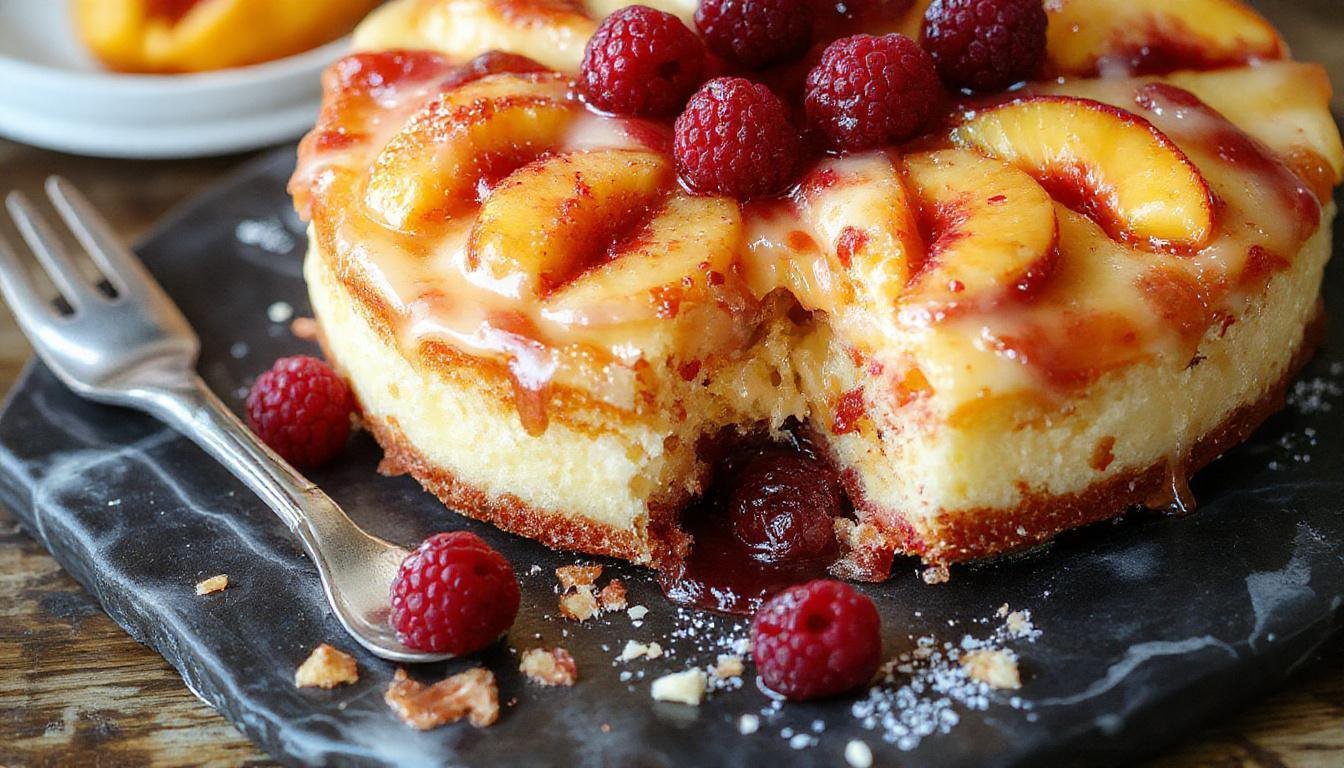 A vibrant layered summer cake topped with fresh peach slices and a dollop of whipped cream, showcasing moist, juicy peaches with a golden-brown crust and colorful fruit decoration.