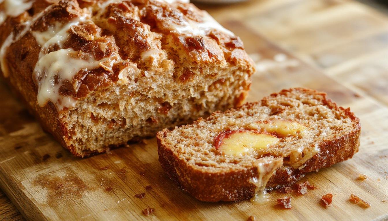 A sliced loaf of cinnamon peach bread on a rustic wooden table, showing a golden-brown crust with swirls of cinnamon and chunks of ripe peaches inside, garnished with a dusting of cinnamon and fresh peach slices beside it.