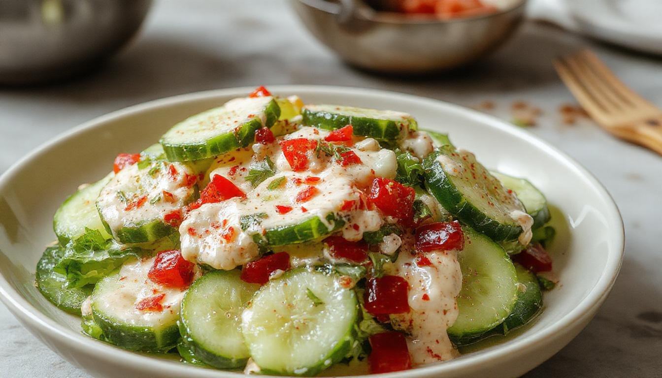 A vibrant bowl of creamy cucumber salad featuring thinly sliced cucumbers coated in a smooth, white dressing. The salad is garnished with fresh herbs, and the bowl is placed on a rustic wooden table with a few cucumber slices and herbs scattered around for garnish.