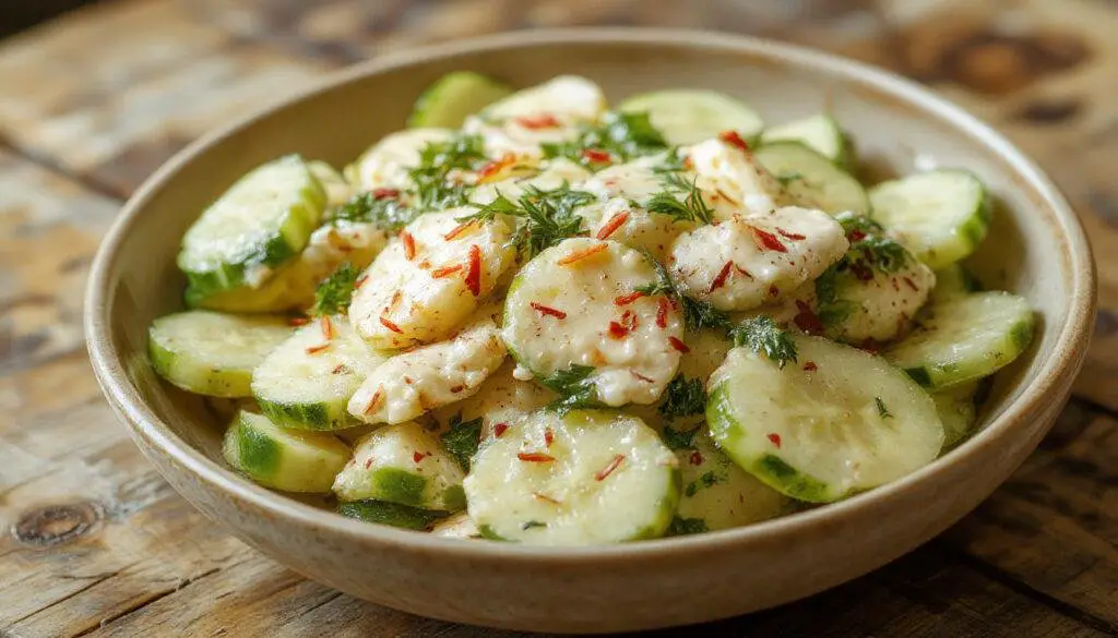A close-up of a glossy bowl of creamy cucumber salad garnished with fresh dill and black pepper. Sliced cucumbers are coated in a smooth, white dressing with visible specks of herbs, with some cucumber slices arranged decoratively on the rim of the bowl. The presentation is fresh and inviting, emphasizing the creamy texture and vibrant green hues.