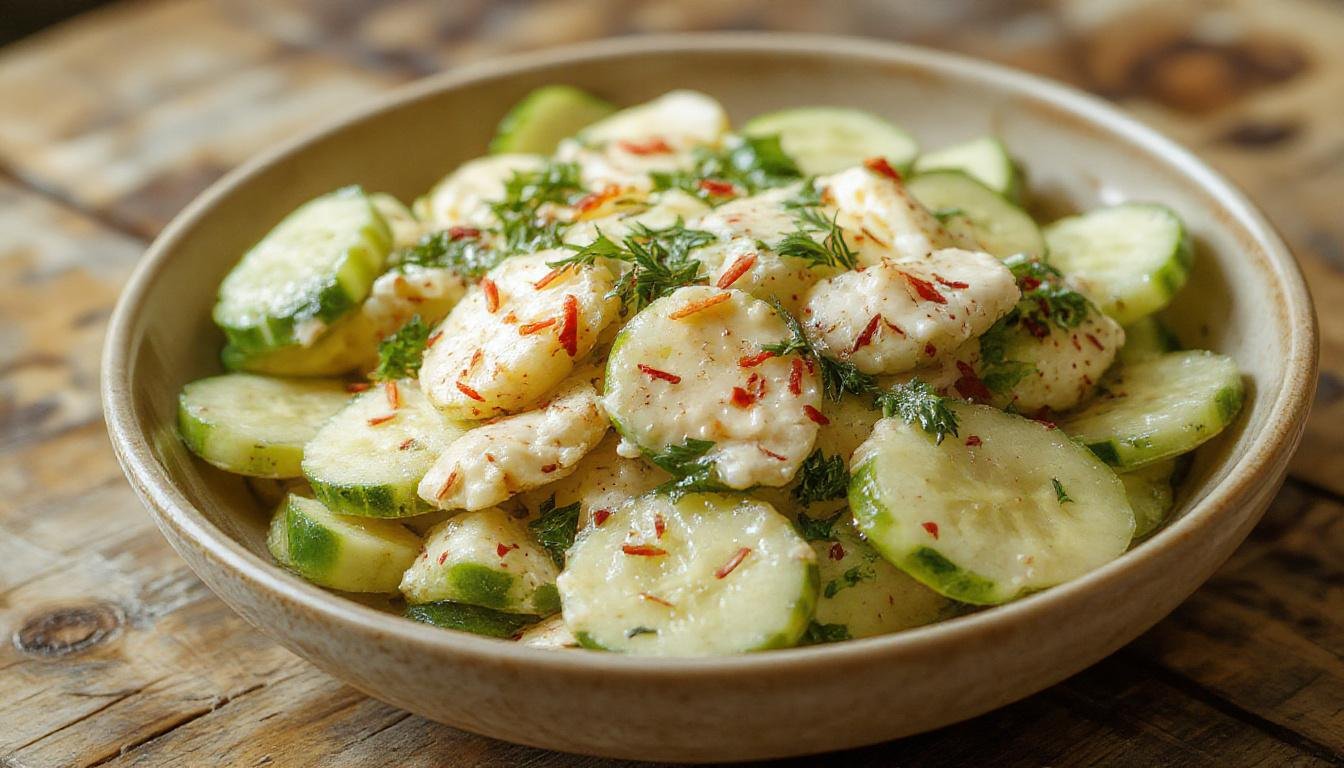 A close-up of a glossy bowl of creamy cucumber salad garnished with fresh dill and black pepper. Sliced cucumbers are coated in a smooth, white dressing with visible specks of herbs, with some cucumber slices arranged decoratively on the rim of the bowl. The presentation is fresh and inviting, emphasizing the creamy texture and vibrant green hues.