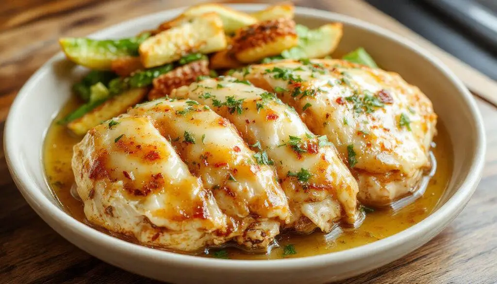 A golden-brown, perfectly cooked buttery garlic chicken breast garnished with freshly chopped parsley, served on a white plate with a side of roasted vegetables and a drizzle of garlic butter sauce, with a rustic wooden table background.