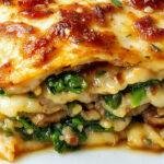 A savory mushroom and spinach lasagna layered with melted cheese on a baking dish, garnished with fresh herbs.