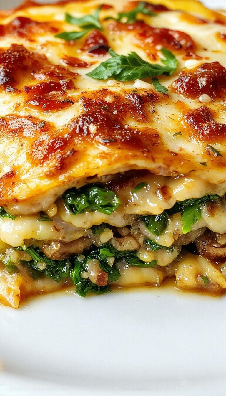 A savory mushroom and spinach lasagna layered with melted cheese on a baking dish, garnished with fresh herbs.