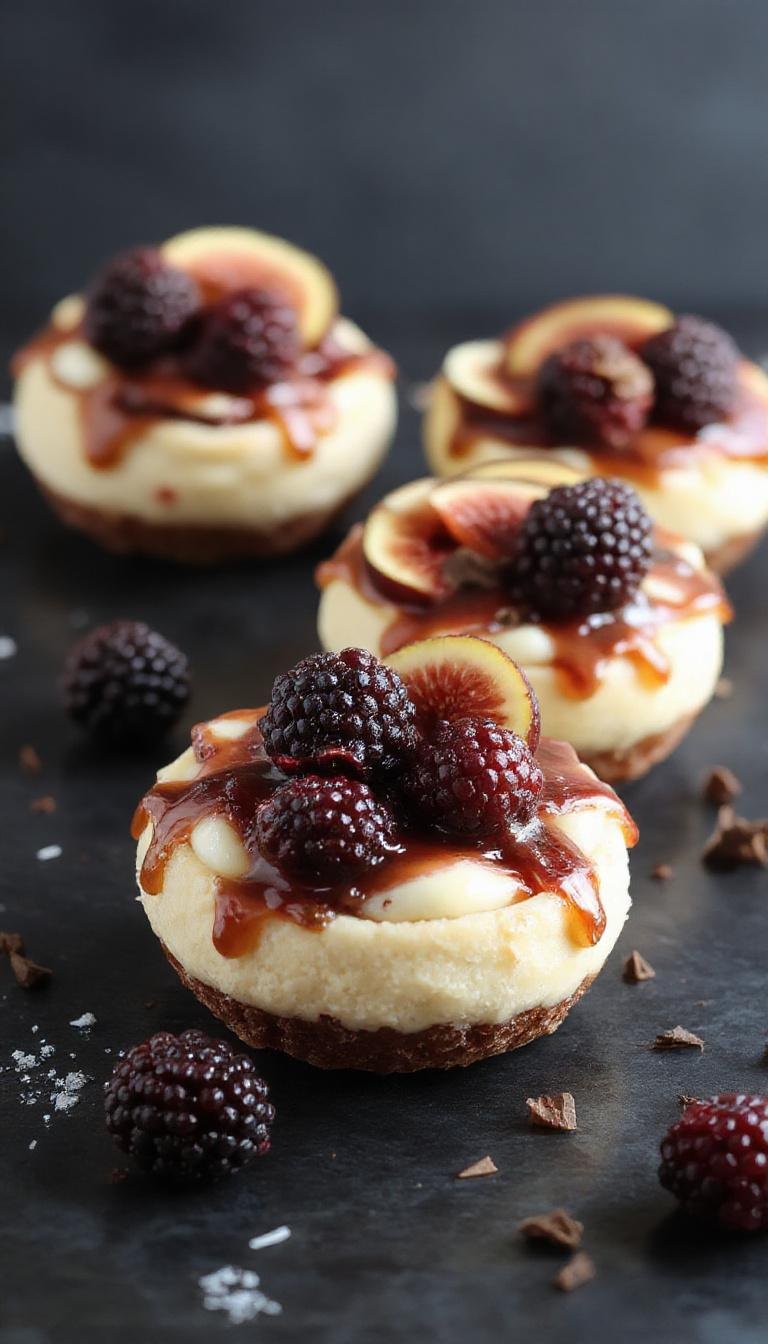 Delicious No-Bake Mikado Tart Deluxe with salted caramel, fresh blackberries, and fig mini cheesecakes arranged beautifully on a elegant platter.