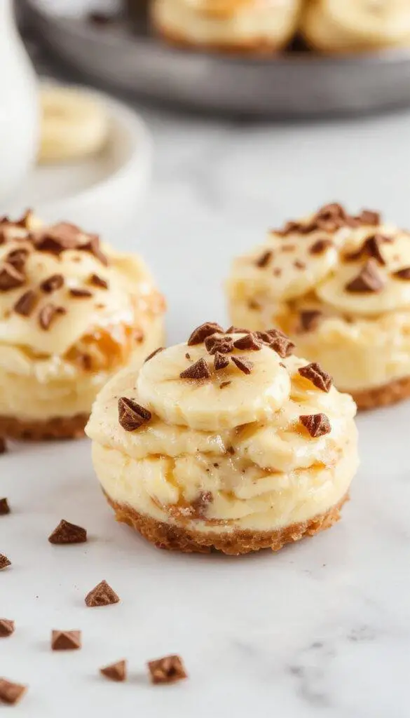 Mini banana cream pies topped with whipped cream and sliced bananas on a decorative plate.