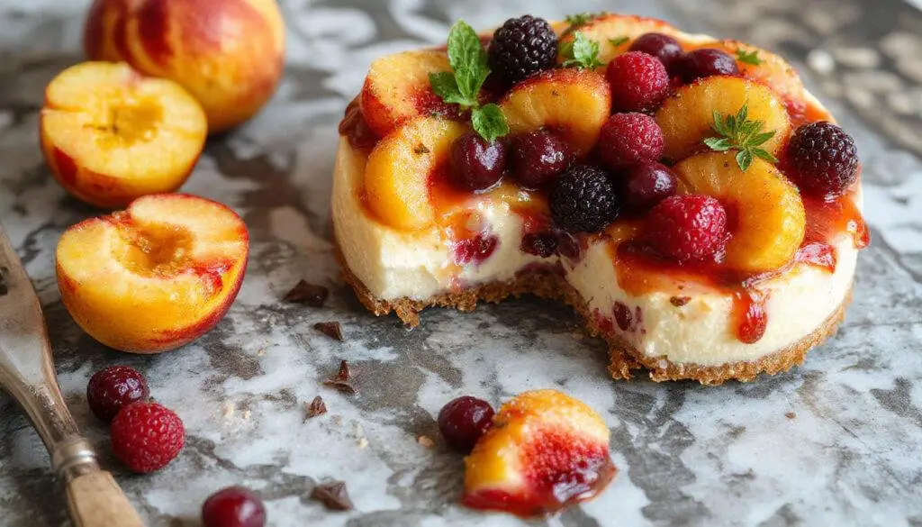 A vibrant slice of no-bake summer berry and peach cheesecake with a creamy, pale yellow filling topped with an assortment of fresh raspberries, blueberries, sliced peaches, and mint leaves, all on a rustic white plate with a textured background showing a cut piece revealing the smooth filling and crumbly crust.